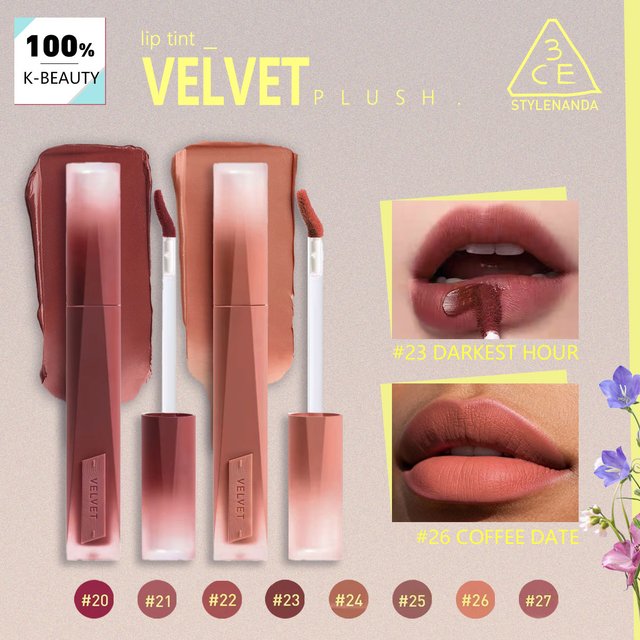 3CE VELVET LIP TINT PLUSH(20-27),Plush Cushiony Lip Texture,Buildable Color Payoff,Korean Cosmetic,Korean Makeup