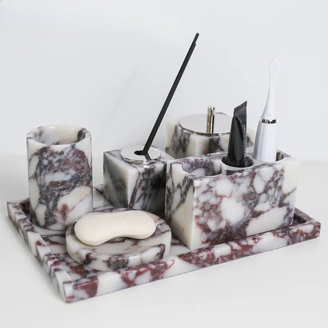 Luxury Natural Marble Tray, Toothbrush Holder & Soap Dispenser Stand, Vanity Skin Lotion Organizer, Shower Bath Storage Caddy