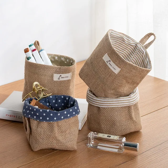 Jute Cotton Linen Storage Bag - 3-in-1 Organizer Basket for Cosmetic/Sundries, Eco-Friendly Home Decor & Portable Storage Box