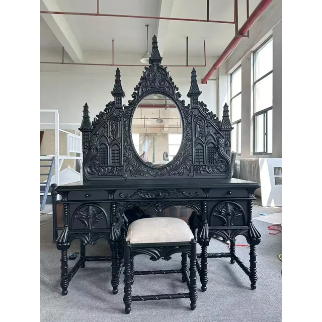Court black makeup table retro solid wood dresser French castle handmade set