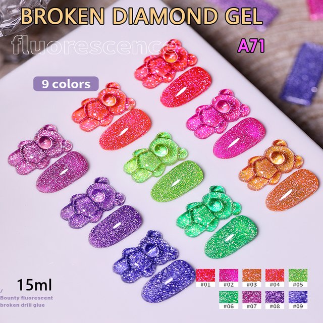 Vendeeni 9 Colors Fluorescence Broken Diamonds Gel Nail Polish Flash Glitter Nail Varnish Red Green Neon Light Disco Gel Lacquer