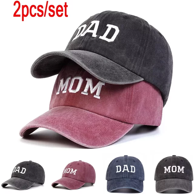 2PCS Unisex DAD MOM Letter Embroidery Wash Baseball Caps Spring and Autumn Outdoor Adjustable Casual Hats Sunscreen Hat