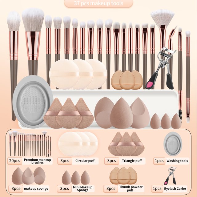 20 makeup brushes+3 round powder puffs+3 triangular powder puffs+3 beauty eggs+3 finger powder puffs+3 mini beauty eggs+1 washin