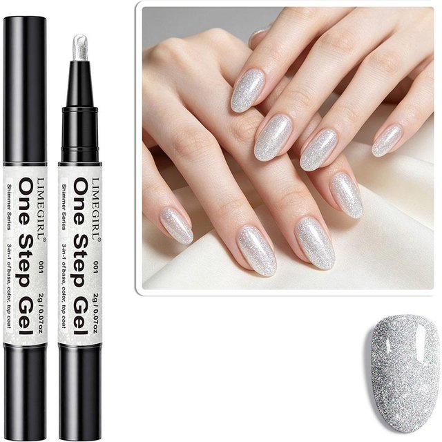 3IN1 Glitter One Step Gel Nail Polish Pen Quick-Dry Long-Lasting Graffiti Paint Brush No Base Top Coat Needed for Outdoor Travel