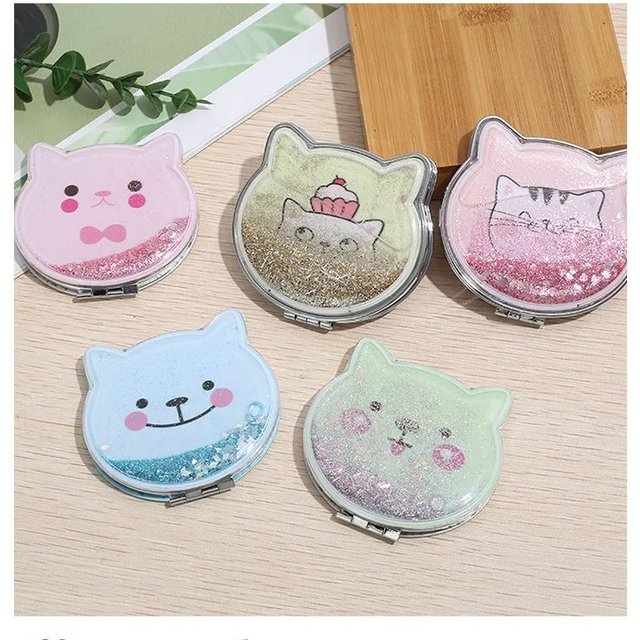 Cute Cat Shaped Handheld Mirror with Shiny Sequins Design Portable Small Folding Hand Mirror Double Side Makeup Mirror Gift
