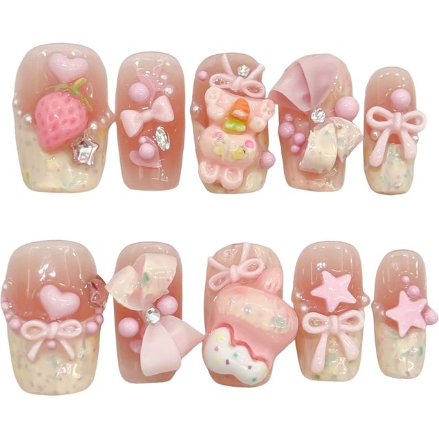 10pcs Cute French False Nails Handmade Press On Nails With Cartoon 3D Star Bow Decor Full Cover Blush Ballet Artificial Nail Tip