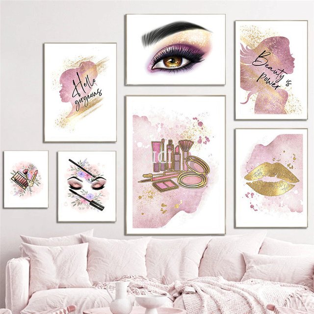 Rouge à lèvres Mascara mode lèvres dorées maquillage affiche toile peinture mur Art Salon de beauté