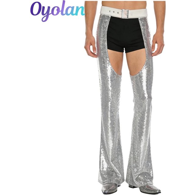 Pantalon évasé ajouré pour hommes, entièrement doublé, paillettes scintillantes, Cowboy Chaps, taille réglable, entrejambe, Costume de Club de mascarade