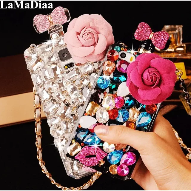 Luxury DIY Diamond Flower Perfume Bottle with Chain Lanyard Case for Samsung Galaxy, S23 Ultra, S22, S24, S25, Note20, Colorful