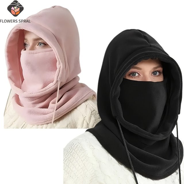 A winter face mask cloak scarf -100% polyester, woven, windproof, warm neck cover with hat, suitable for outdoor activities, cyc