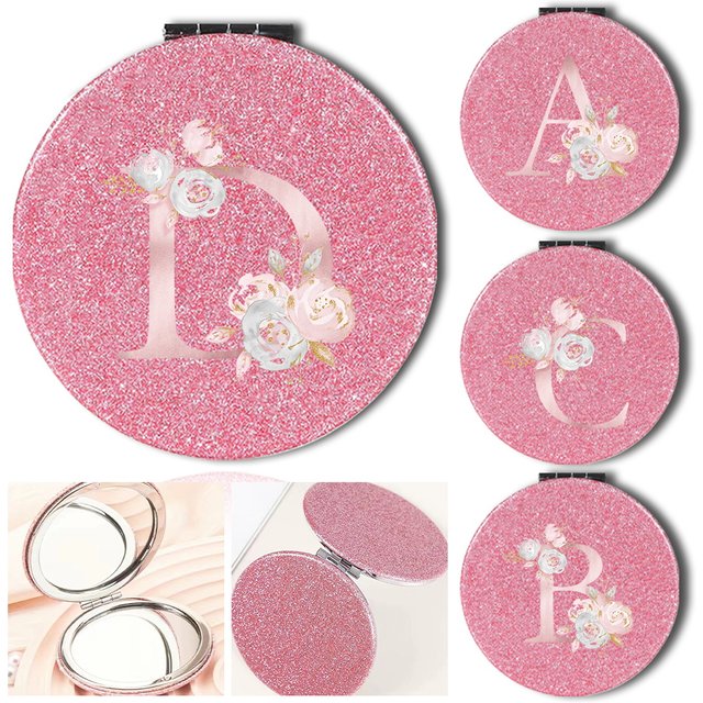 Portable Shiny 2-Sided PU Makeup Mirror Pocket Magnify Mirror Folding Cosmetic Tool Pink Flower Letter Pattern Daily Accessories