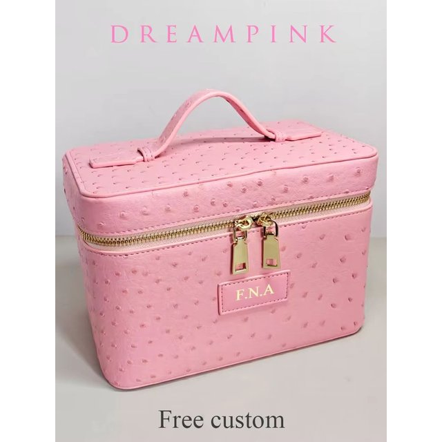 Luxury Ostrich Mock Women Makeup Vanity Bag Custom Name Large Capacity Cosmetic Organizer Box With Handle Travvel Toiletry Bag