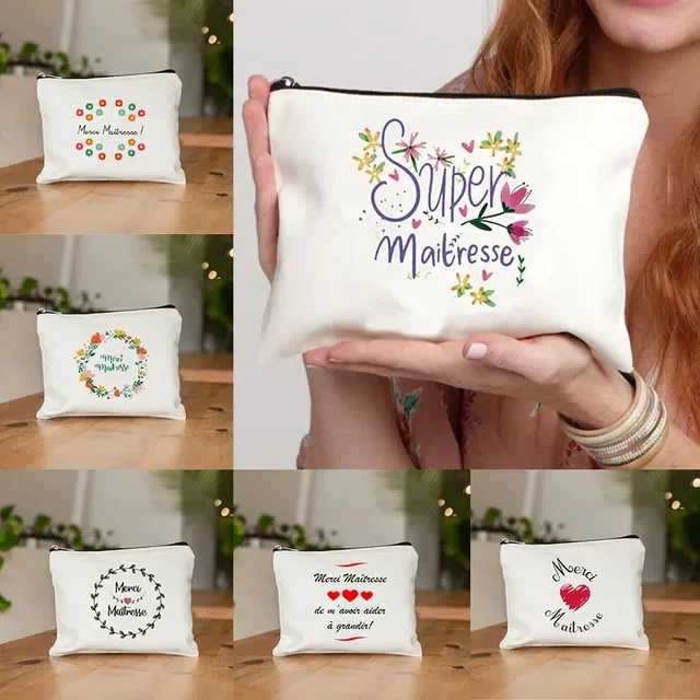 French Thank You Mistress Coin Purse Makeup Bags Organizer Boxes Teacher Gift Girl's Cosmetics Bag Women's Lipstick Storage