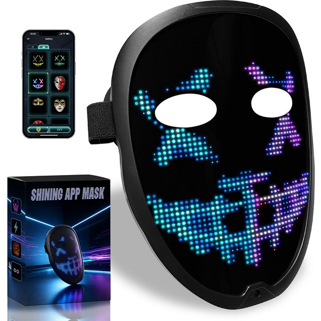 App Controlled LED Face Mask, USB Rechargeable Programmable Dynamic Light Up Mask for Adult Halloween Cosplay Party