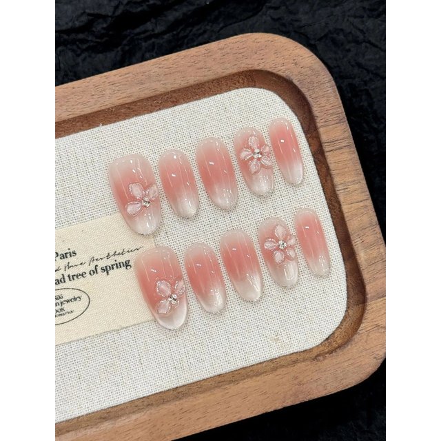 10pcs Solid Color Handmade Fake Nails 3D Relief Ice Crystal Flower Press On Nails Sweet Blush Cat's Eye Glossy Almond False Nail