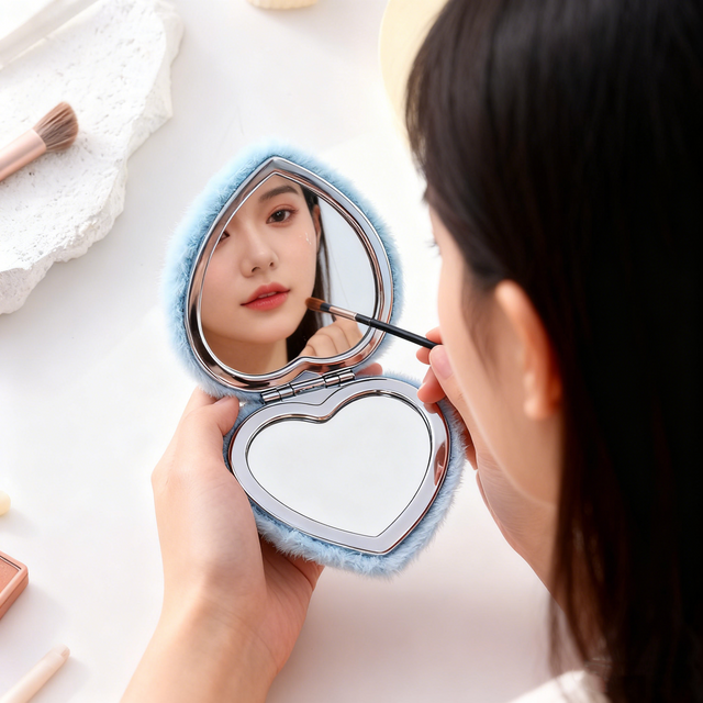 1pc Heart Shape Plush Double-sided Makeup Mirror Portable Folding Loose Powder Makeup Mirror Valentine's Day Gift for Girlfriend