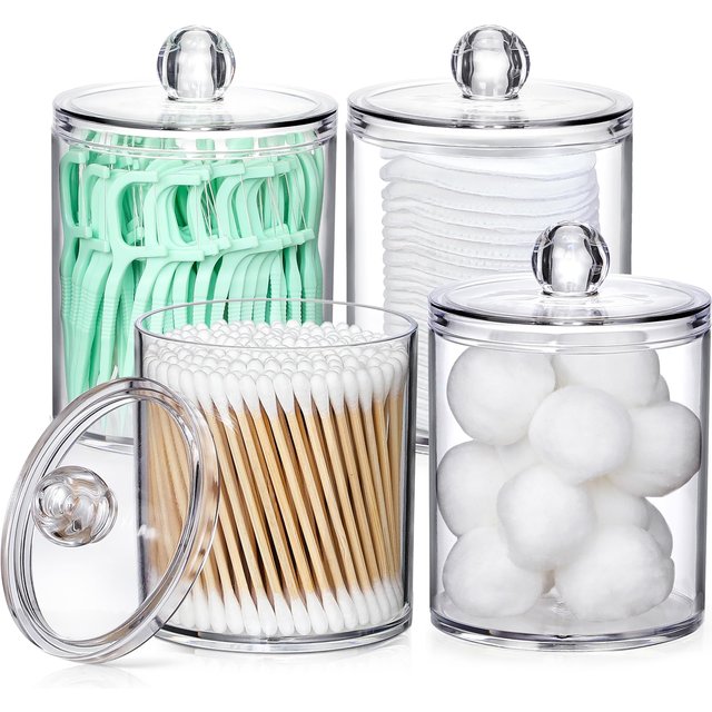 4 Pack Acrylic Qtip Holder Dispenser for Cotton Swabs, Balls, Pads, Floss Picks- Small Clear Vanity Makeup Storage Box Organizer
