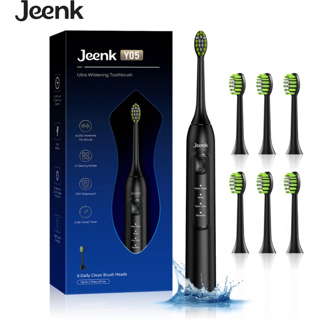 Jeenk JK-Y05 Sonic Electric Toothbrush 4 Modes USB Charger with 6 Replacement Heads Smart Timer Waterproof Soft Bristles Adult