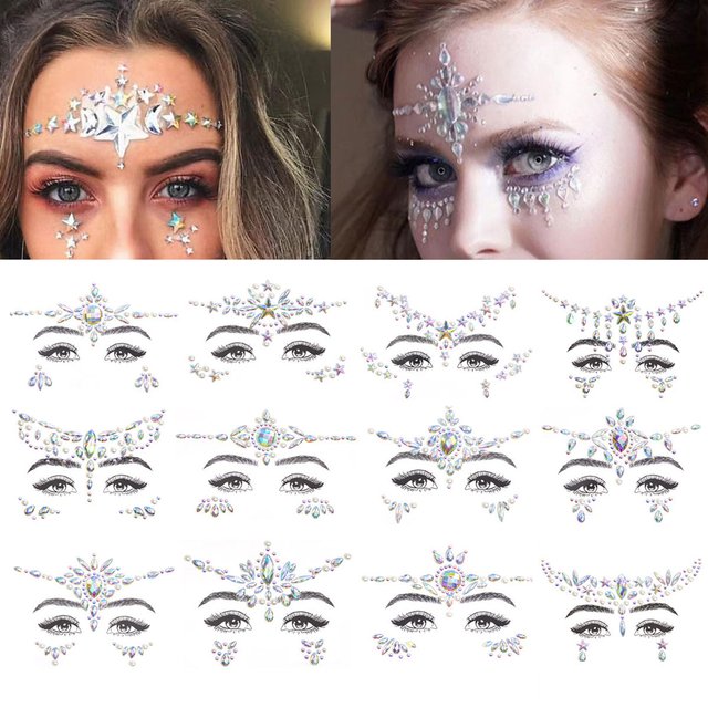 1PC 3D Rhinestone Bright Face Stickers for Festival Glitter Makeup Jewelry Sticker on Face Crystals Gems Jewels Diamonds Decor