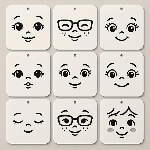 9Pcs Large Facial Stencils, Reusable Multi-Expression Templates for DIY Painting, Crafts, Doll Making & Holiday Decor