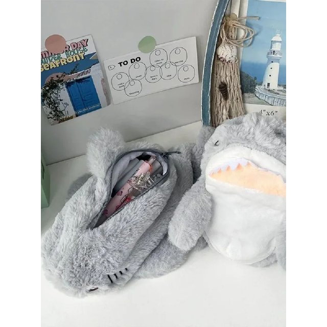Cute Plush Ocean Shark Pencil Case Cosmetic Bag Portable Large Capacity Pen Pouch Stationery Storage Box School Office Supplies