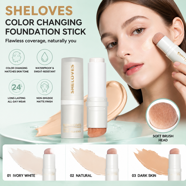 Sheloves 2-in-1 Color Changing Foundation Stick Lightweight Moisturizing Non-Smudge Matte Finish Smooth Foundation Concealer