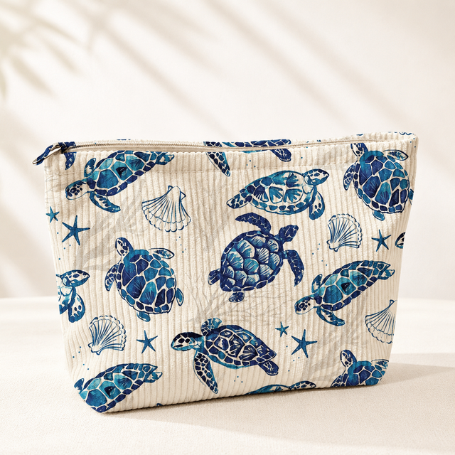 Cosmetic Bag Blue Sea Turtle Corduroy Makeup Pouch Large Capacity Travel Toiletry Organizer for women Beach Vacation Essentials