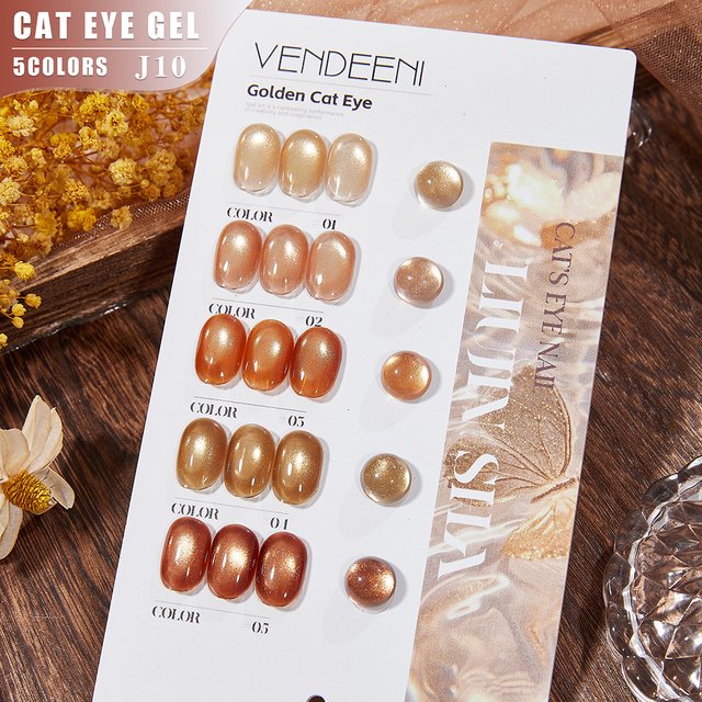 Vendeeni 5 Colors/Set Golden Cat Eye Gel Nail Polish Magnetic UV Soak Off Gel Varnish Glitter Crystal Cat Eye Gel With Display