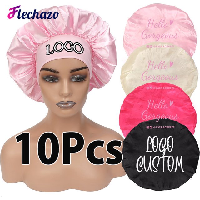Logo Customize Silk Bonnet For Hair Care 10Pcs Satin Caps Sleeping Bonnets Hair Bonnet With Adjust Elastic Band