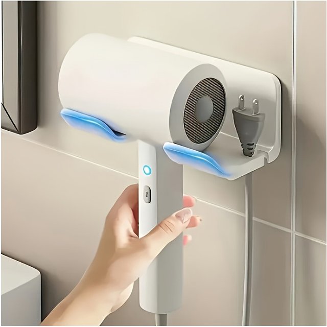 1pc Hair Dryer Stand Holder Wall Mounted, ABS Punch Free Blow Dryer Holder Rack, Organizer for Hair Dryer, White