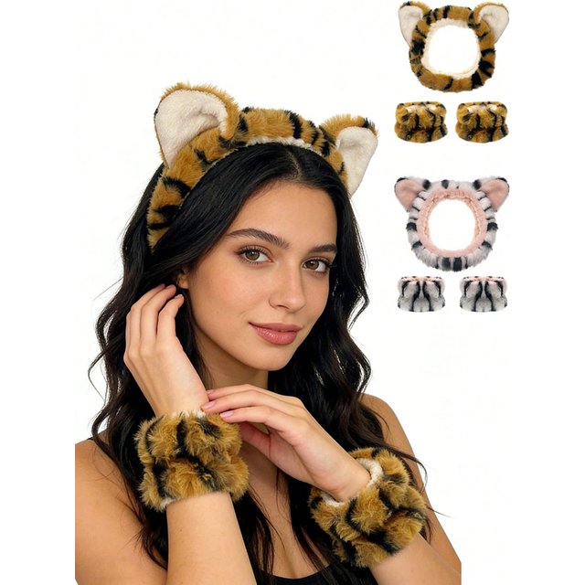 3 Cute Little Tiger Hairbands for women, Suitable for Washing Face, Makeup, and Bathing; Elastic Hairbands, Fashionable Hair Accessories, with Elastic Tie Design, Perfect for Spa and Makeup