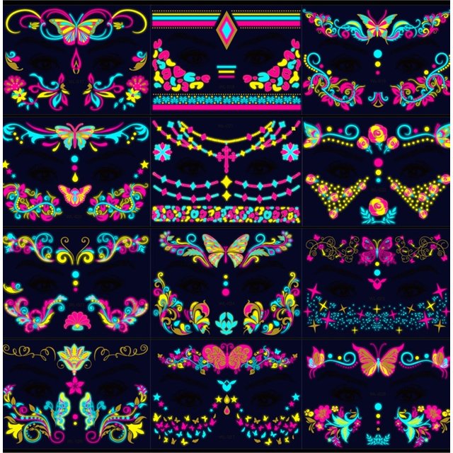 28Pcs Gold Glitter Powder Fluorescent Waterproof Face Tattoo 14x15cm Butterfly/Flowers Makeup Sticker DIY Party Neon Face Decal