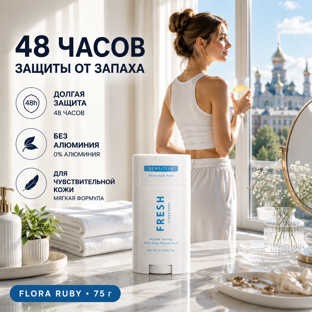 FLORA RUBY Deodorant Stick for Sensitive Skin, Aluminum Free, 48H Odor Protection, Long Lasting Freshness, 75g, 5 Scents
