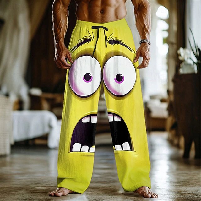 3D printed facial expression pattern, fashionable high-quality comfortable men's wide-leg pants, trendy printed men's pants