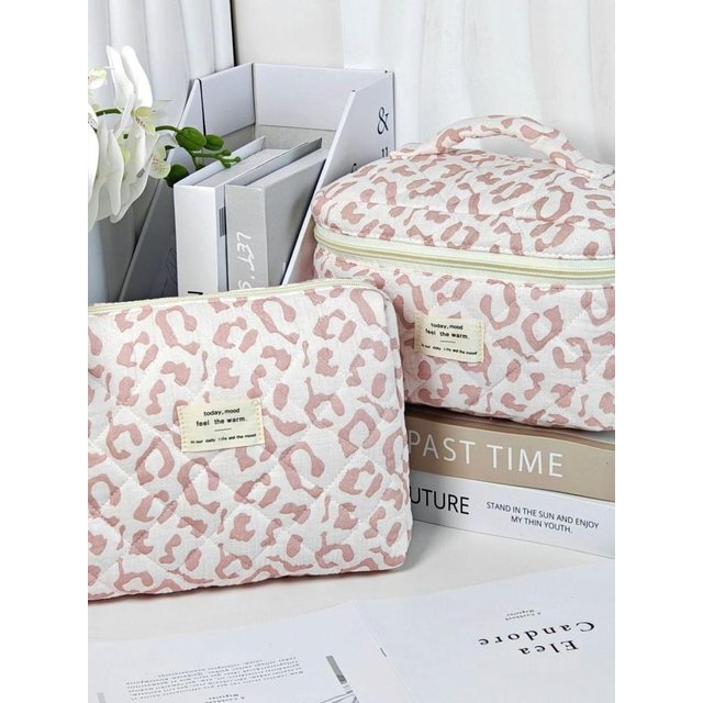 Quilted Cotton Handheld Makeup Bag Large Capacity Zipper Closure Cosmetic Storage Organizer Leopard Print Portable Toiletry Bag