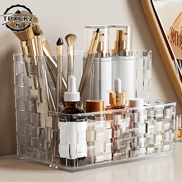 Transparent Desktop Storage Box Light Luxury Multi-grid Makeup Organizer Box Large Capacity Cosmetics Box Remote Control Holder