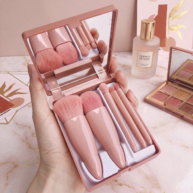 5pcs Portable Travel Makeup Brush Set with Mirror Case Multifunctional Face Powder Blush Eye Shadow Beauty Brushes Tools