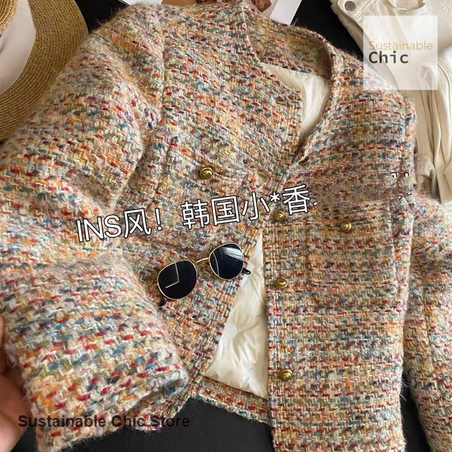 Tempérament français dames épaissi tweed coloré petit parfum manteau court femmes automne et hiver nouvelle mode manteau décontracté.