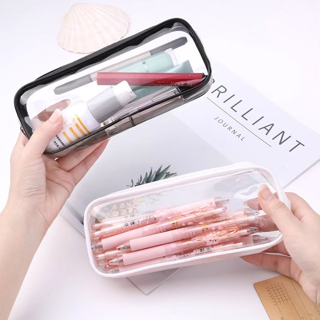 1Pc Korean Ins Style Transparent PVC Pencil Case Large Capacity Stationery Organizer Multi‑Purpose Cosmetic Makeup Bag