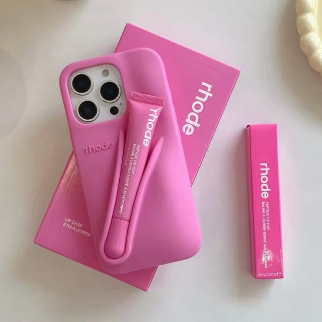 Hot‑Sell Rhode Lipstick Holder Cover w/ Box for iPhone 11‑17 Pro Max Air, Shock‑Proof Stylish Silicone Girls Makeup Accessory