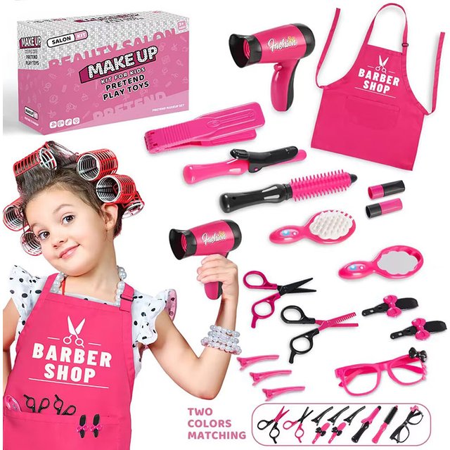 17pcs Girls Beauty Salon Set, Pretend Play Hair Cutting Kit, Hairdresser Toy With Hair Dryer, Scissors, Barber Apron And Stylin