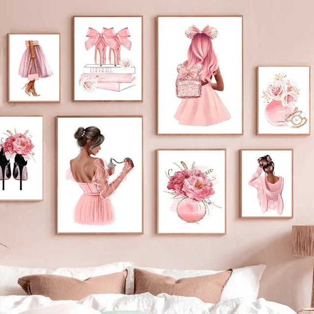 Talons roses mode fille Paris parfum pivoine fleur Art toile peinture affiches nordiques imprime photos murales pour décor de salon