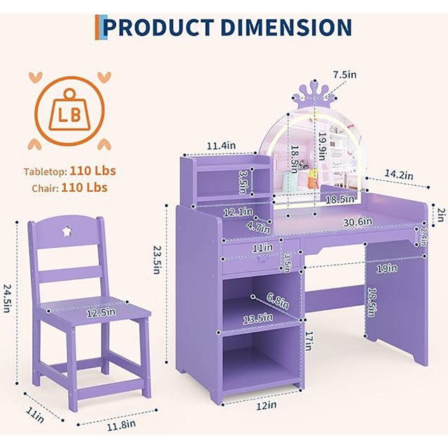 Kids Vanity with Lights, 2 in 1 Princess Makeup Vanity Desk & Chair Set, Toddler Vanity Table with Open Bookshel for Girls