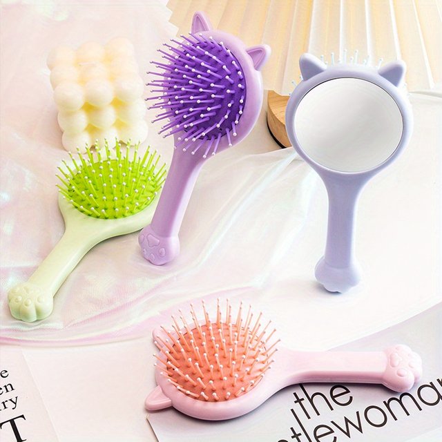 Mini Cat Ear Massage Airbag Hair Brush With Makeup Mirror Cartoon Hairdressing Comb For Girls
