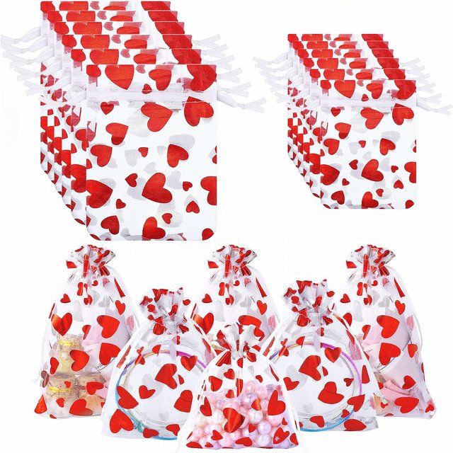 50/100Pcs Valentine's Day Wedding Party Gift Bags Love Heart Drawstring Organza Candy Cosmetic Jewelry Beads Packaging Pounches