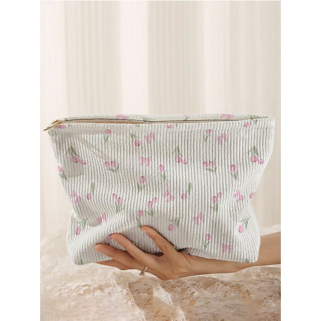 Ditsy pink tulip printed corduroy makeup bag, lightweight zipper pouch, multifunctional lined cosmetic bag
