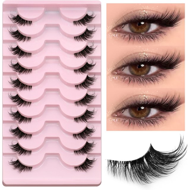 Lasvirey Half Eyelashes Natural Cat Eye Lashes Natural Fluffy Clear Stem Lashes Soft Wispy 3D Faux Mink Lashes Makeup