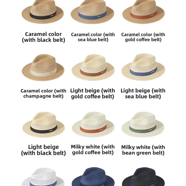 Summer Panama Jazz Hollow Grass Hat for men and Women Outdoor Sunscreen Breathable Sun Hat Beach Wide Edge Beach Hat
