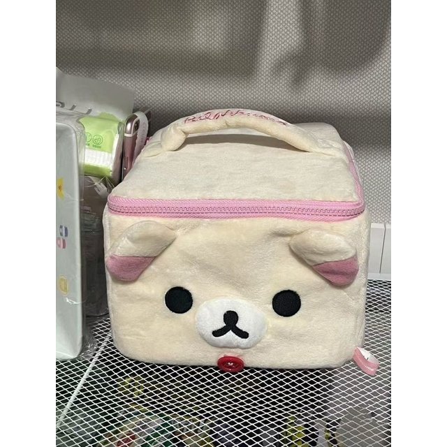 Adorable Cartoon Rilakkuma Sister Plush Bear Head Square 3D Makeup Bag Portable Toiletry Organizer