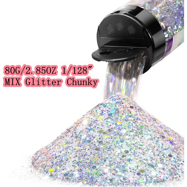 Silver Nail Glitter Chunky 80G/2.85OZ 1/128" Craft Glitter for Resin Festival Cosmetic Chunck Glitter Flakes Sequins